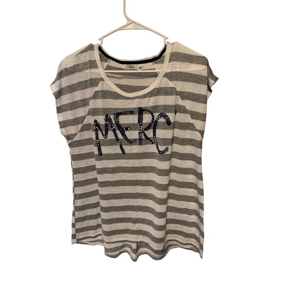 Cato Womens Size Large Pull over round neck tee tshirt shirt striped gray white - Picture 1 of 3